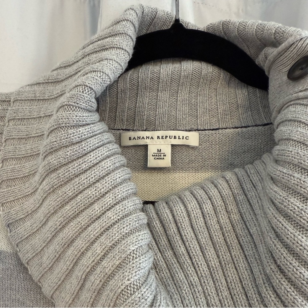 Banana Republic 100% Cotton Striped Cowl Neck Sweater Gray Cream Women’s Medium - Picture 2 of 7